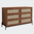 Commode 6 tiroirs en rotin | Style bohème | MDF et pieds en métal, finition noire ou noyer