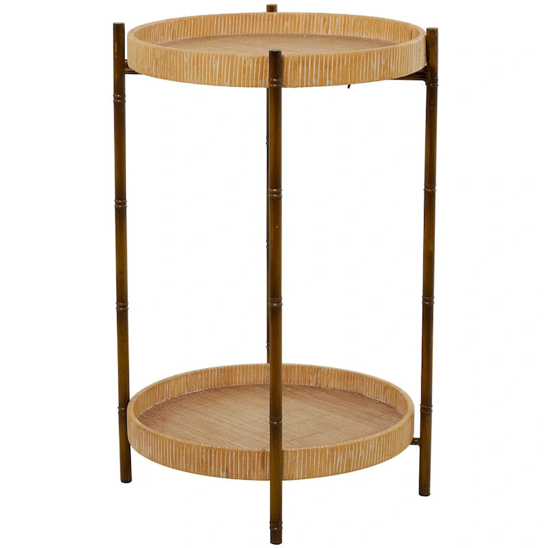 Table d'appoint à 2 niveaux en rotin | Pieds en métal imitation bambou | Marron, 45,7 cm (L) x 66 cm (H)