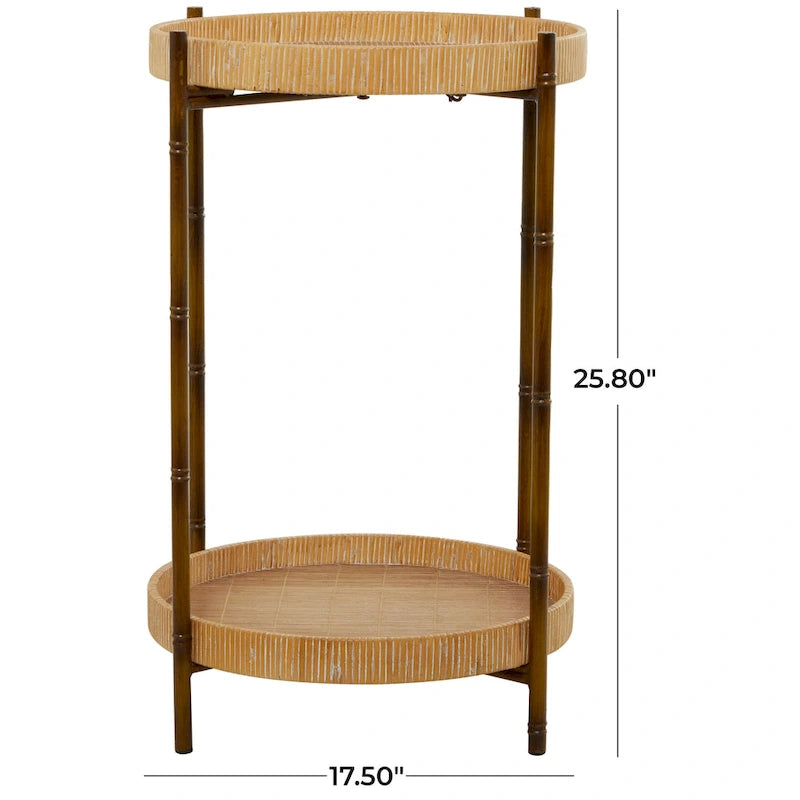 Table d'appoint à 2 niveaux en rotin | Pieds en métal imitation bambou | Marron, 45,7 cm (L) x 66 cm (H)
