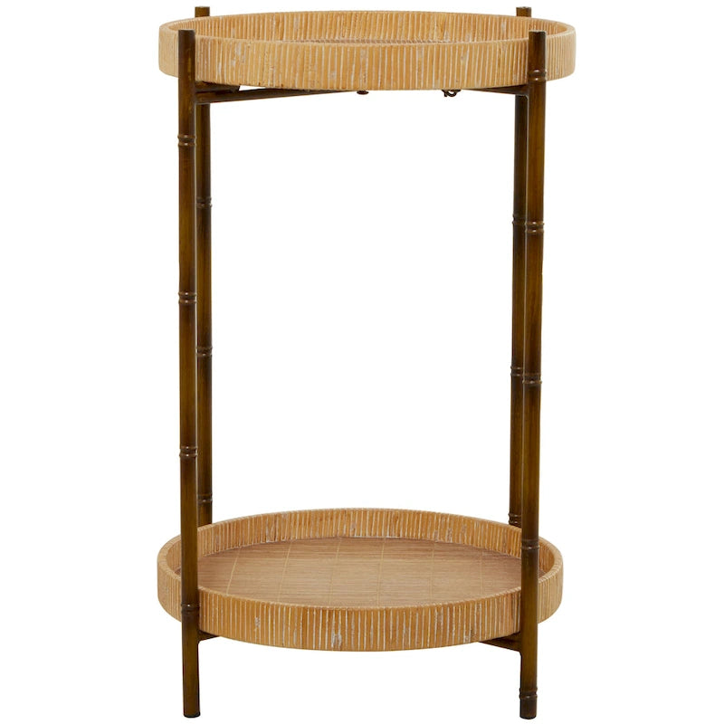 Table d'appoint à 2 niveaux en rotin | Pieds en métal imitation bambou | Marron, 45,7 cm (L) x 66 cm (H)