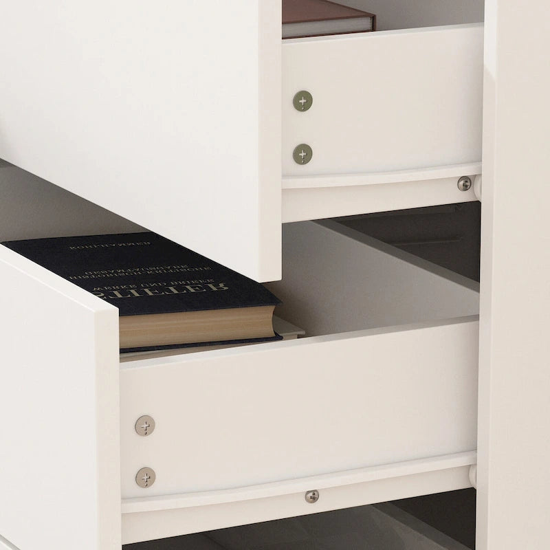 Commode de style moderne du milieu du siècle avec pieds en métal doré | 5 tiroirs | Finition brillante, noir/blanc