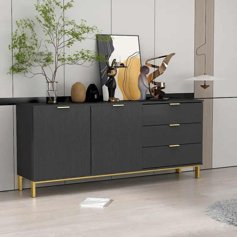 Commode de style moderne du milieu du siècle avec pieds en métal doré | 5 tiroirs | Finition brillante, noir/blanc
