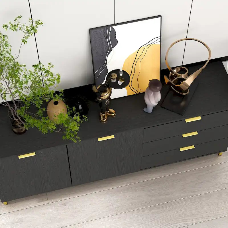 Commode de style moderne du milieu du siècle avec pieds en métal doré | 5 tiroirs | Finition brillante, noir/blanc
