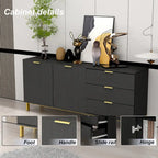 Commode de style moderne du milieu du siècle avec pieds en métal doré | 5 tiroirs | Finition brillante, noir/blanc