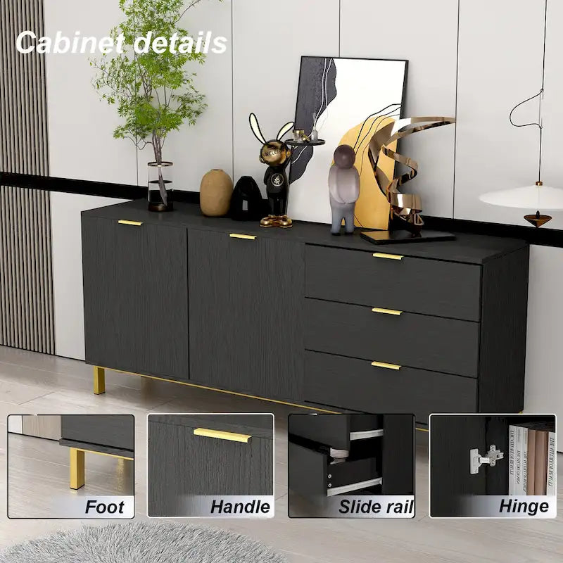 Commode de style moderne du milieu du siècle avec pieds en métal doré | 5 tiroirs | Finition brillante, noir/blanc
