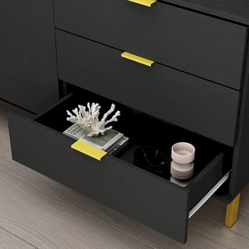 Commode de style moderne du milieu du siècle avec pieds en métal doré | 5 tiroirs | Finition brillante, noir/blanc