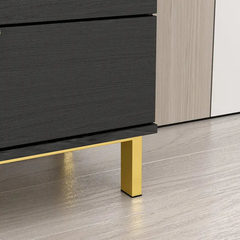 Commode de style moderne du milieu du siècle avec pieds en métal doré | 5 tiroirs | Finition brillante, noir/blanc