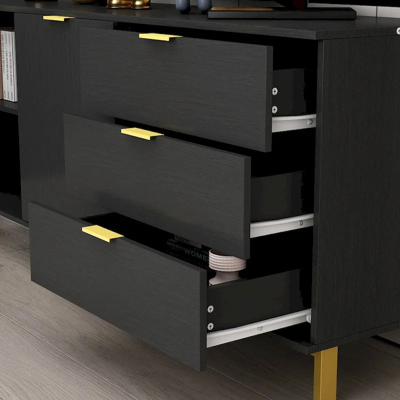Commode de style moderne du milieu du siècle avec pieds en métal doré | 5 tiroirs | Finition brillante, noir/blanc