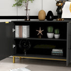 Commode de style moderne du milieu du siècle avec pieds en métal doré | 5 tiroirs | Finition brillante, noir/blanc