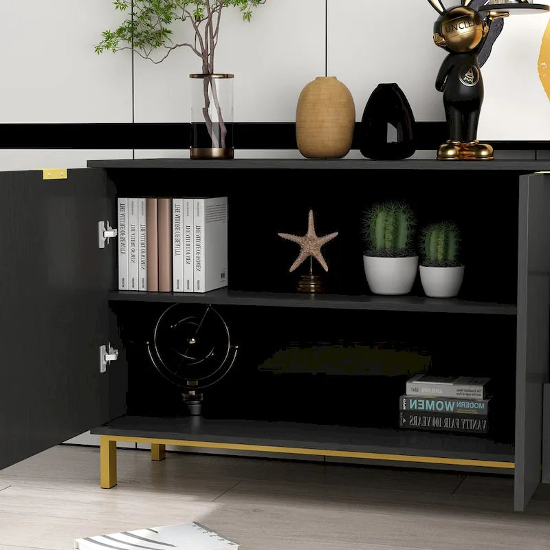 Commode de style moderne du milieu du siècle avec pieds en métal doré | 5 tiroirs | Finition brillante, noir/blanc
