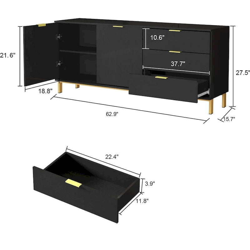 Commode de style moderne du milieu du siècle avec pieds en métal doré | 5 tiroirs | Finition brillante, noir/blanc