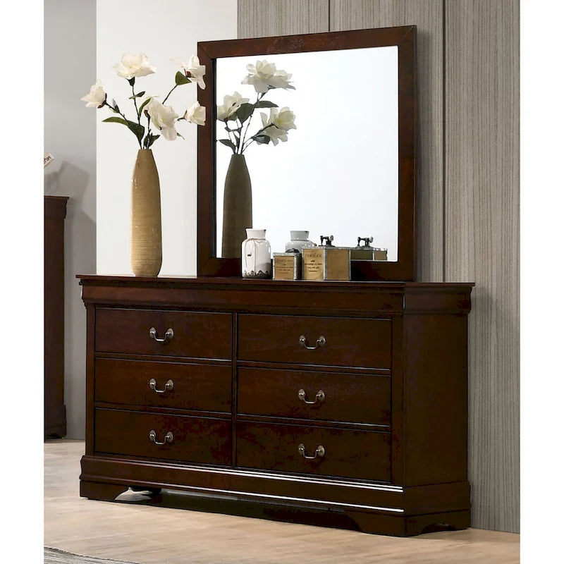 Commode 8 tiroirs en bois massif avec miroir | Chambre traditionnelle | Poignées tombantes antiques