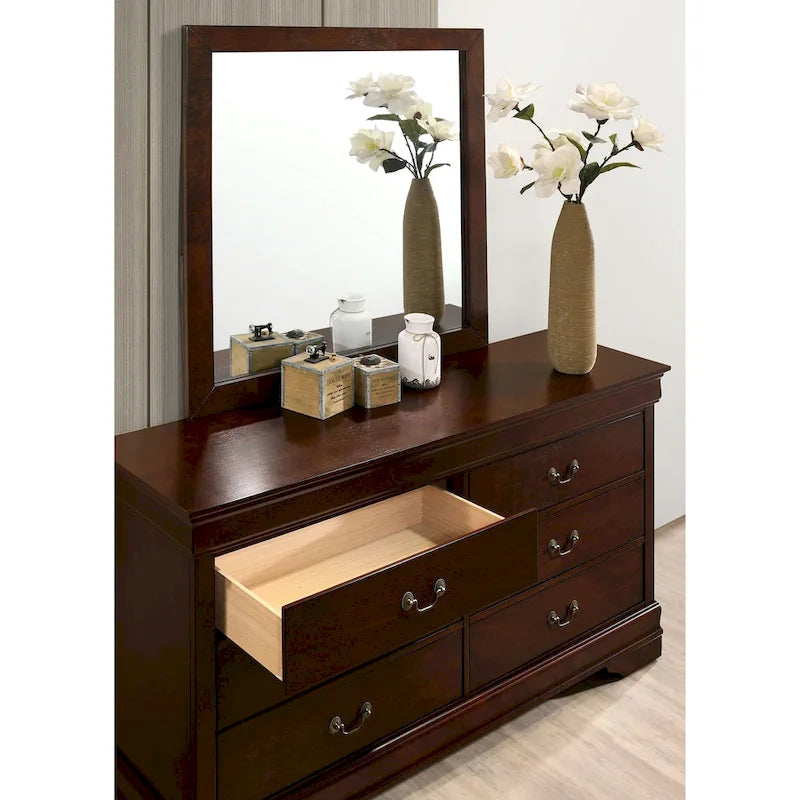 Commode 8 tiroirs en bois massif avec miroir | Chambre traditionnelle | Poignées tombantes antiques