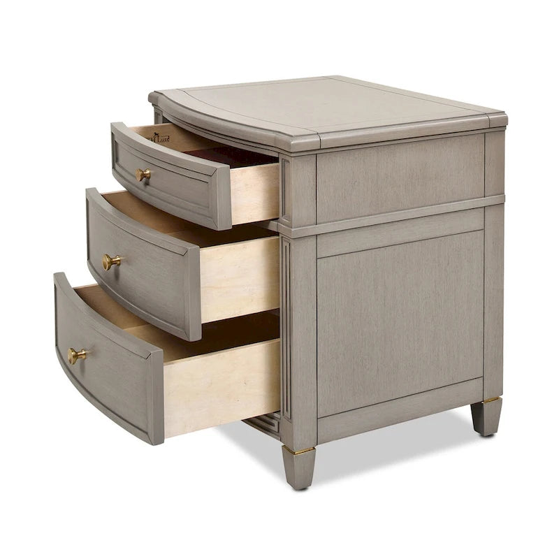 Table de chevet à 3 tiroirs | Bois d'hévéa massif | Boutons dorés satinés, tiroir supérieur doublé de feutre