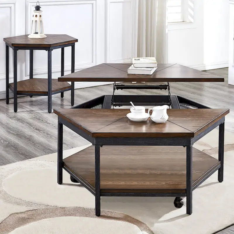 Table basse relevable | Placage frêne finition moka, rangement intégré, salon