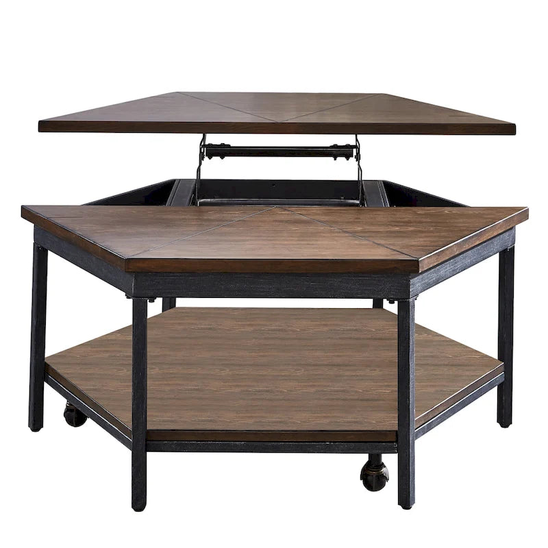 Table basse relevable | Placage frêne finition moka, rangement intégré, salon