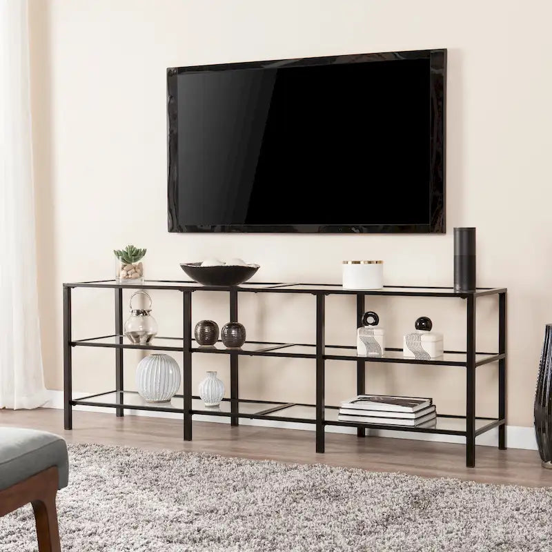 Meuble TV multimédia en métal et verre trempé de 70 po | Convient aux téléviseurs jusqu'à 68 po | Noir mat, 2 étagères en verre