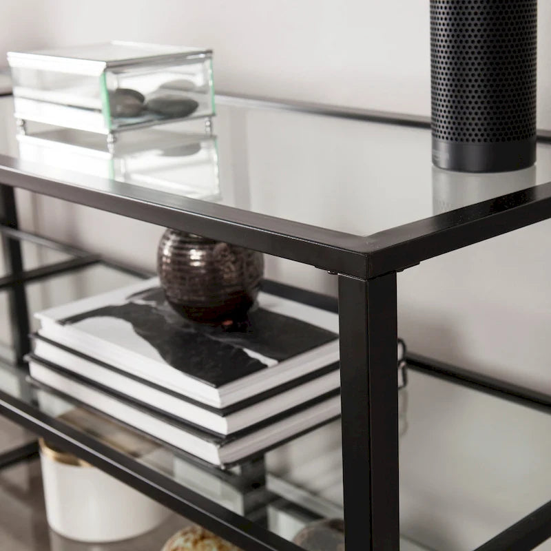Meuble TV multimédia en métal et verre trempé de 70 po | Convient aux téléviseurs jusqu'à 68 po | Noir mat, 2 étagères en verre