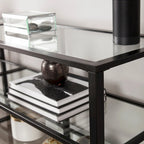 Meuble TV multimédia en métal et verre trempé de 70 po | Convient aux téléviseurs jusqu'à 68 po | Noir mat, 2 étagères en verre
