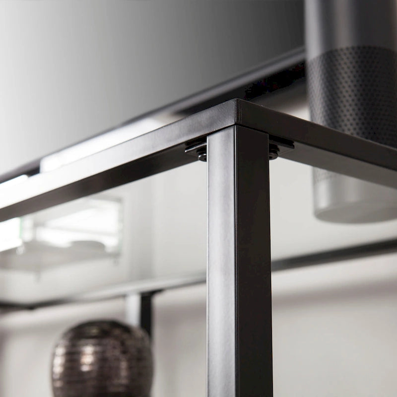 Meuble TV multimédia en métal et verre trempé de 70 po | Convient aux téléviseurs jusqu'à 68 po | Noir mat, 2 étagères en verre