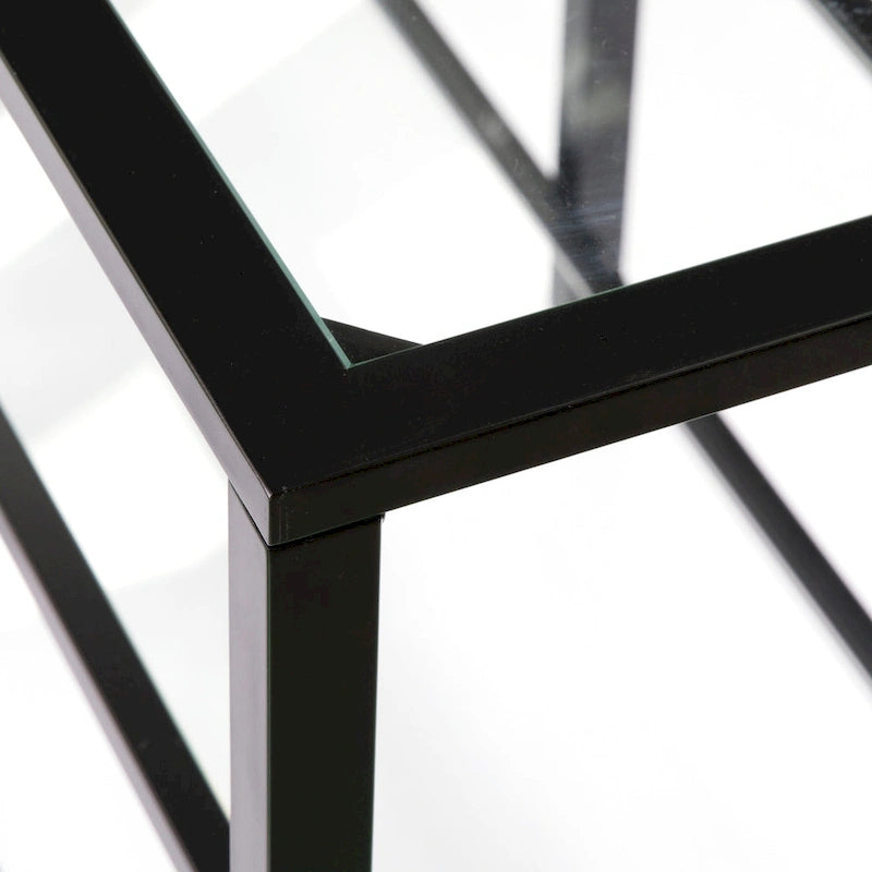 Meuble TV multimédia en métal et verre trempé de 70 po | Convient aux téléviseurs jusqu'à 68 po | Noir mat, 2 étagères en verre