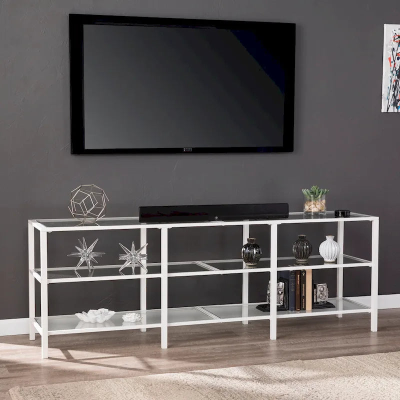 Meuble TV multimédia en métal et verre trempé de 70 po | Convient aux téléviseurs jusqu'à 68 po | Noir mat, 2 étagères en verre
