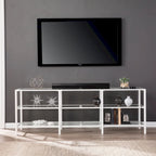 Meuble TV multimédia en métal et verre trempé de 70 po | Convient aux téléviseurs jusqu'à 68 po | Noir mat, 2 étagères en verre