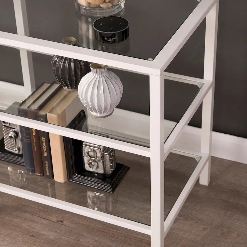 Meuble TV multimédia en métal et verre trempé de 70 po | Convient aux téléviseurs jusqu'à 68 po | Noir mat, 2 étagères en verre