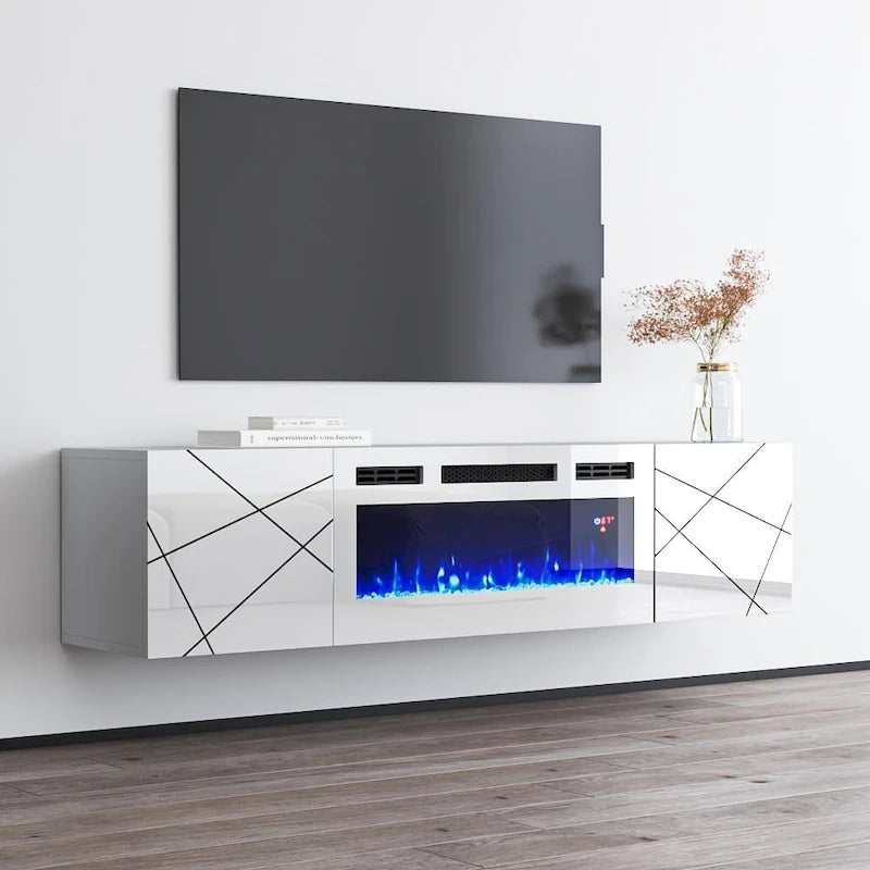 Meuble TV avec cheminée électrique 63" | Convient aux téléviseurs 70" | 3 couleurs de flamme, télécommande