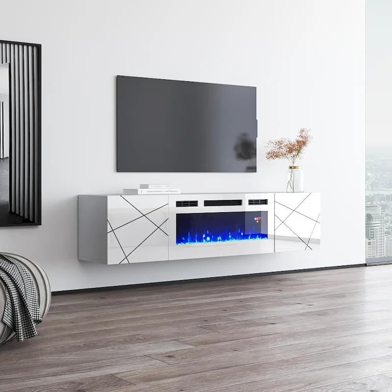 Meuble TV avec cheminée électrique 63" | Convient aux téléviseurs 70" | 3 couleurs de flamme, télécommande