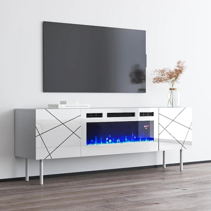 Meuble TV avec cheminée électrique 63" | Convient aux téléviseurs 70" | 3 couleurs de flamme, télécommande