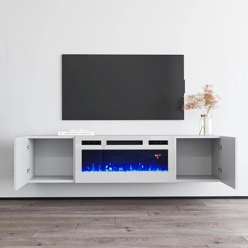 Meuble TV avec cheminée électrique 63" | Convient aux téléviseurs 70" | 3 couleurs de flamme, télécommande