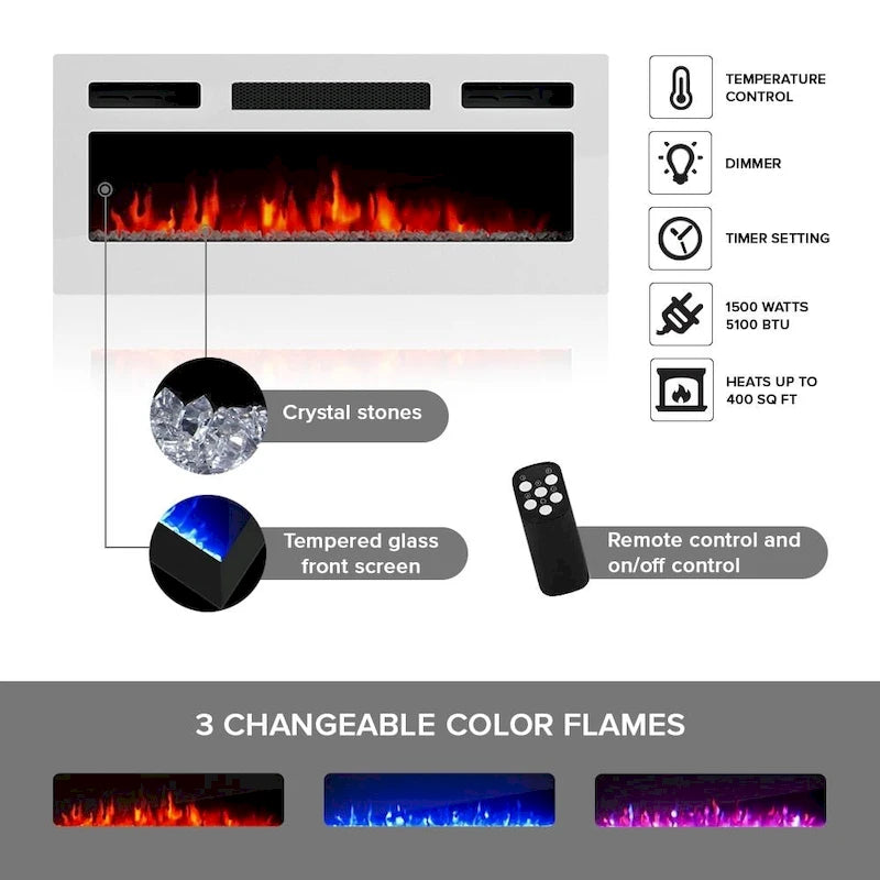 Meuble TV avec cheminée électrique 63" | Convient aux téléviseurs 70" | 3 couleurs de flamme, télécommande