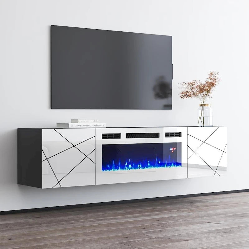 Meuble TV avec cheminée électrique 63" | Convient aux téléviseurs 70" | 3 couleurs de flamme, télécommande