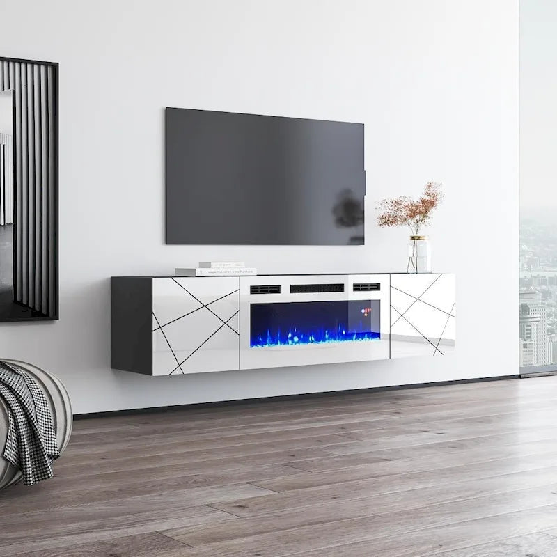 Meuble TV avec cheminée électrique 63" | Convient aux téléviseurs 70" | 3 couleurs de flamme, télécommande