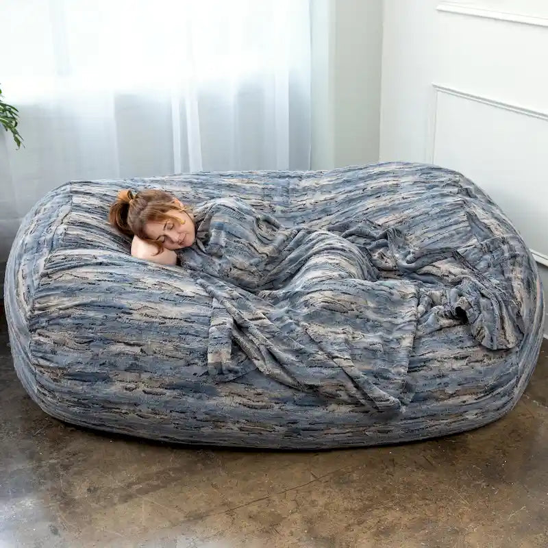 7-Foot Faux Fur Bean Bag Sofa for Adults | Shredded Foam Fill | Machine-Washable Cover