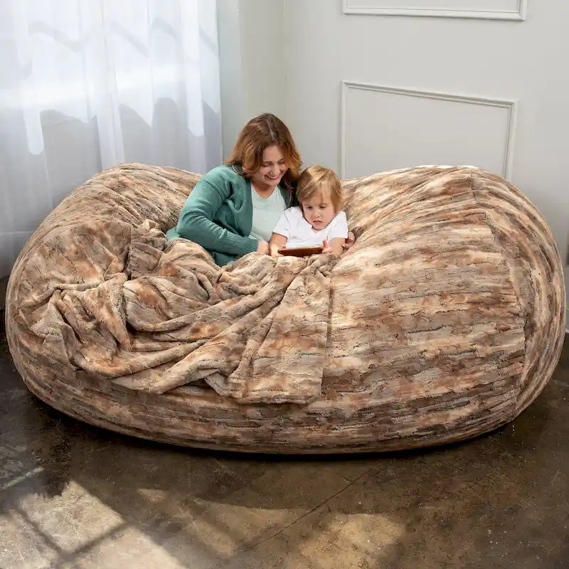 7-Foot Faux Fur Bean Bag Sofa for Adults | Shredded Foam Fill | Machine-Washable Cover