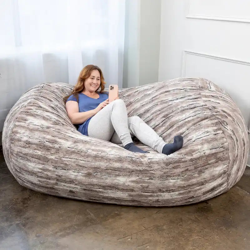 7-Foot Faux Fur Bean Bag Sofa for Adults | Shredded Foam Fill | Machine-Washable Cover