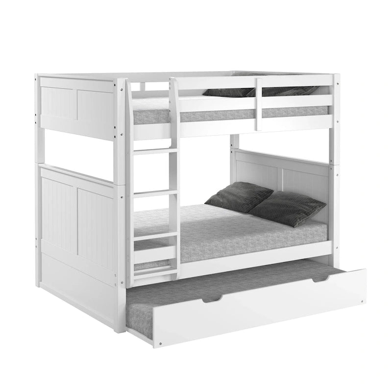 Lit superposé double sur double avec lit gigogne simple | Bois massif | Tête de lit à panneaux, barrières de sécurité