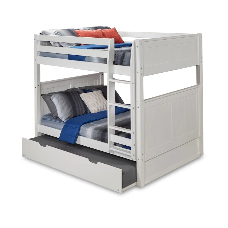 Lit superposé double sur double avec lit gigogne simple | Bois massif | Tête de lit à panneaux, barrières de sécurité