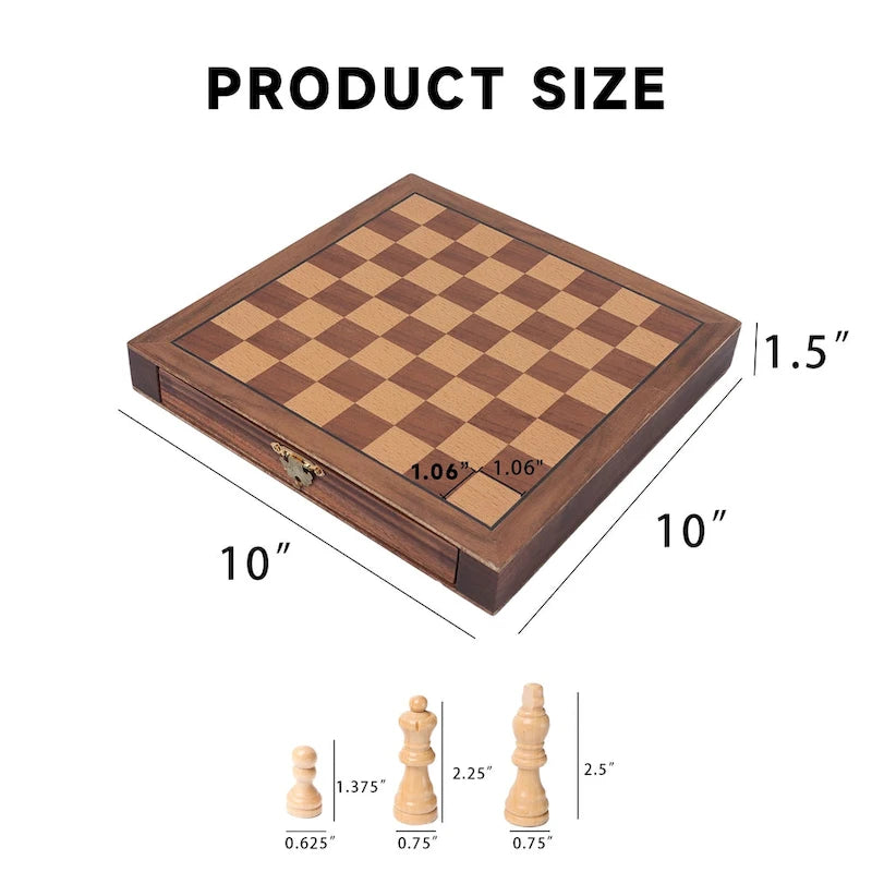 Échiquier de voyage magnétique en bois 10" avec tiroirs | 32 pièces | Portable, 6 ans et plus