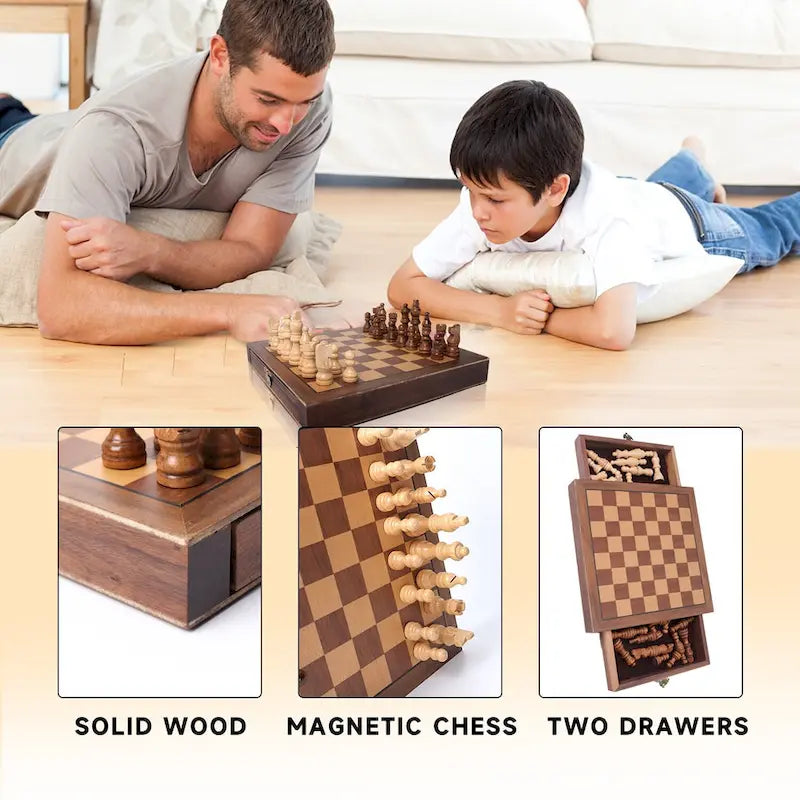 Échiquier de voyage magnétique en bois 10" avec tiroirs | 32 pièces | Portable, 6 ans et plus