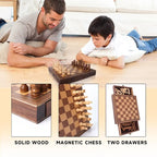 Échiquier de voyage magnétique en bois 10" avec tiroirs | 32 pièces | Portable, 6 ans et plus