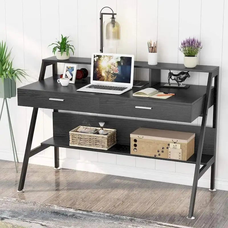 Bureau d'ordinateur 47" avec 2 tiroirs, étagères de rangement et support d'écran | Bureau à domicile