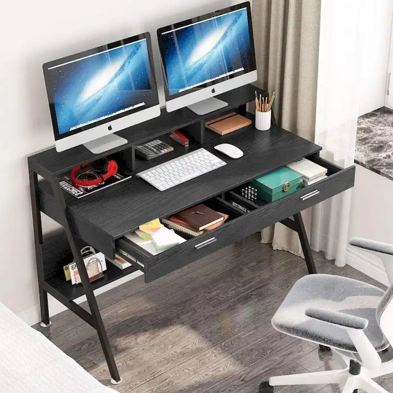 Bureau d'ordinateur 47" avec 2 tiroirs, étagères de rangement et support d'écran | Bureau à domicile