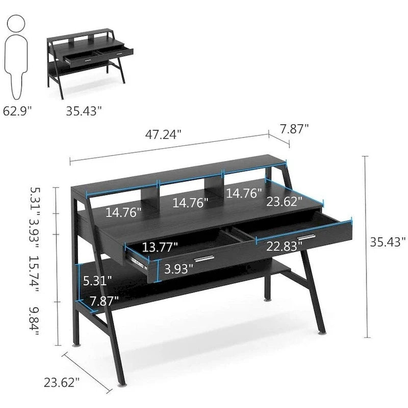 Bureau d'ordinateur 47" avec 2 tiroirs, étagères de rangement et support d'écran | Bureau à domicile