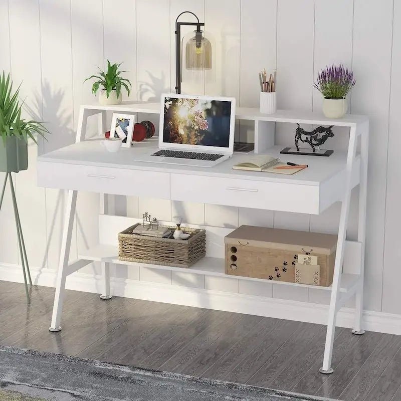 Bureau d'ordinateur 47" avec 2 tiroirs, étagères de rangement et support d'écran | Bureau à domicile