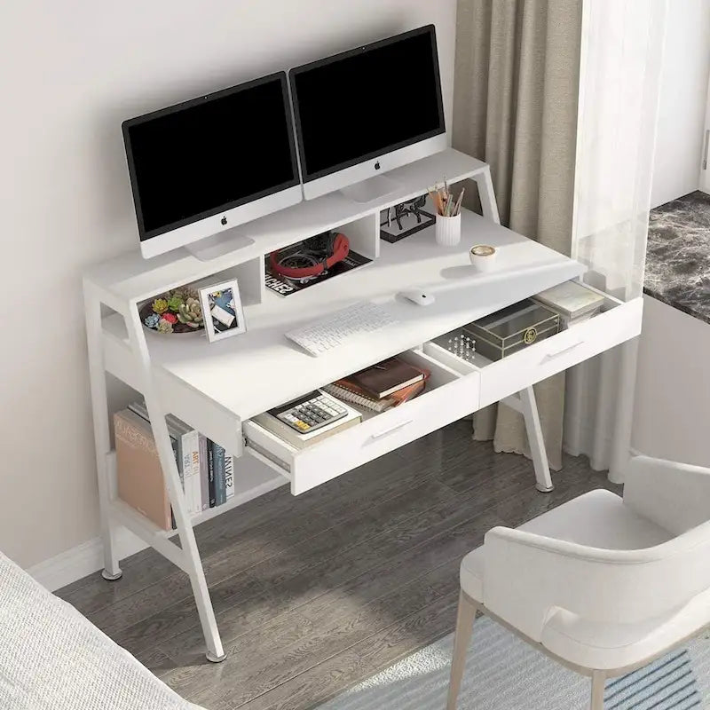 Bureau d'ordinateur 47" avec 2 tiroirs, étagères de rangement et support d'écran | Bureau à domicile
