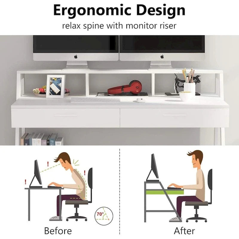 Bureau d'ordinateur 47" avec 2 tiroirs, étagères de rangement et support d'écran | Bureau à domicile