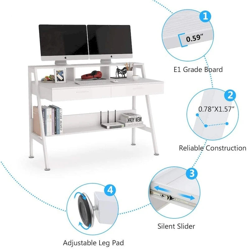 Bureau d'ordinateur 47" avec 2 tiroirs, étagères de rangement et support d'écran | Bureau à domicile